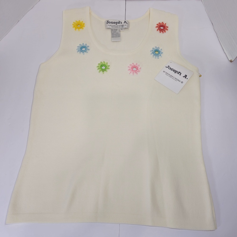 Joseph A Embellished Cream Knit Top Sz Large Sleeveless Mirror Details Women's